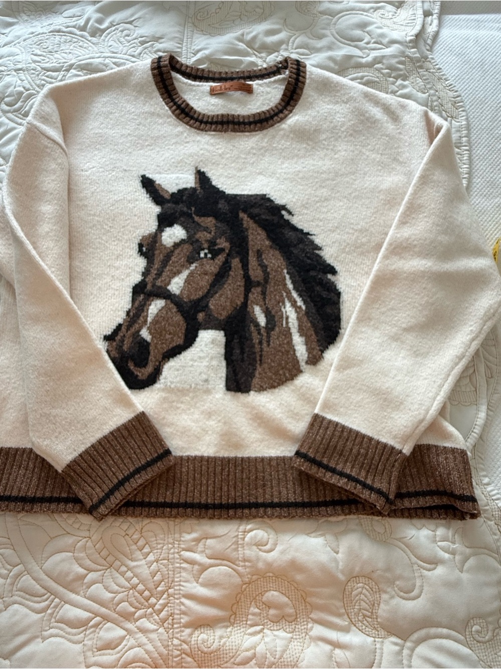 Belldini Cream Crewneck Sweater with Brown Horse Graphic